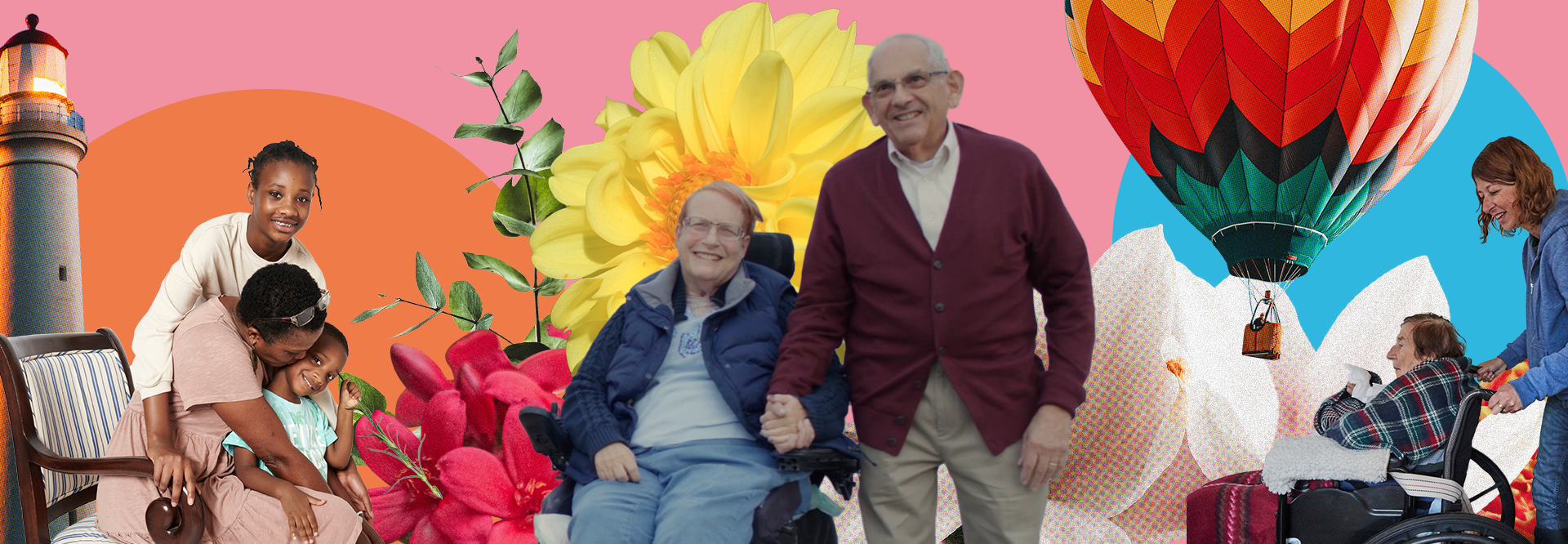 Three groups of people, of varying ages, abilities, and race, care for each other.