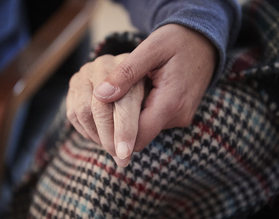 Two hands clasping, one belonging to an older adult and one to a younger adult.