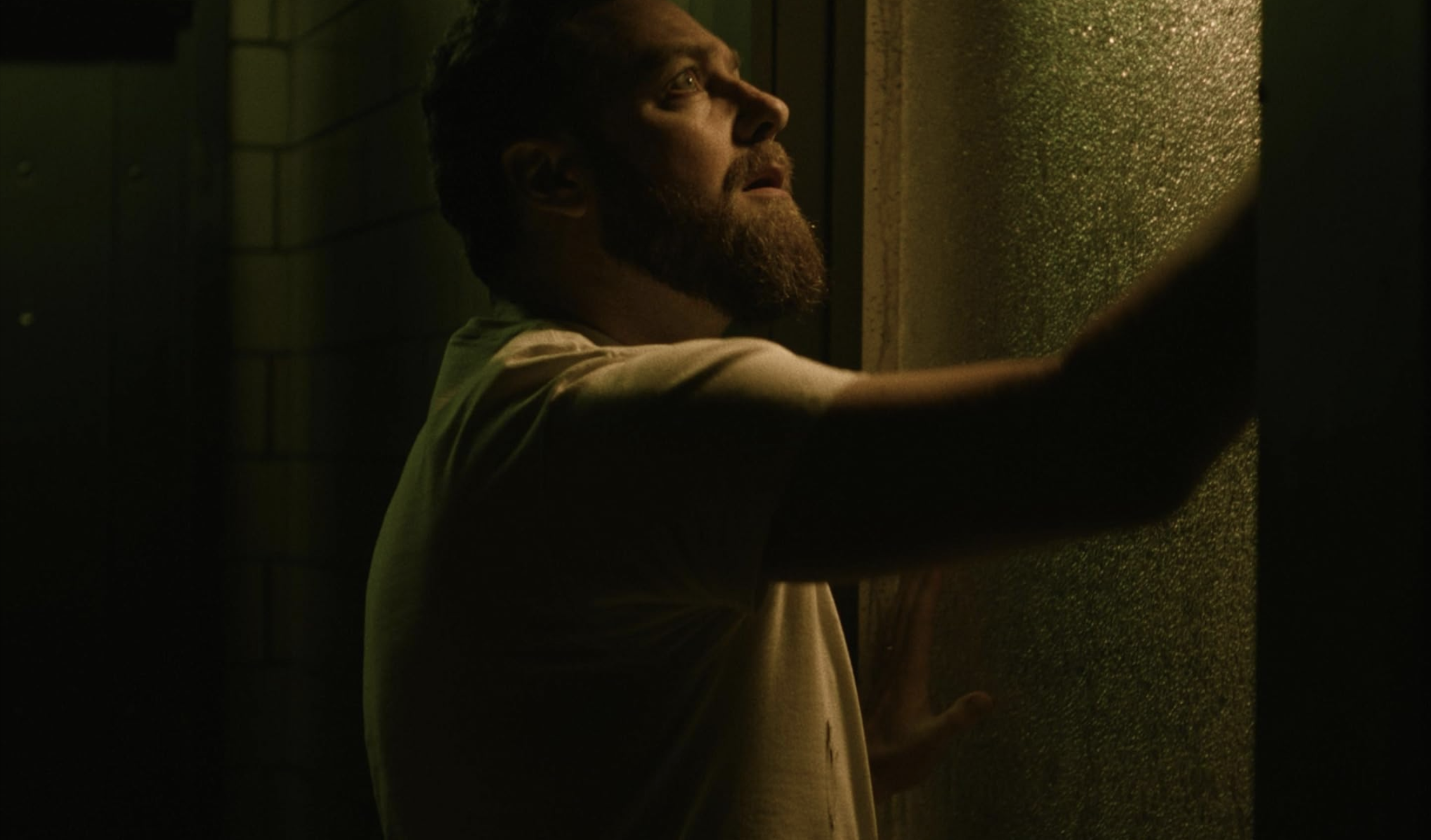 White man with a beard looking up at a source of light.