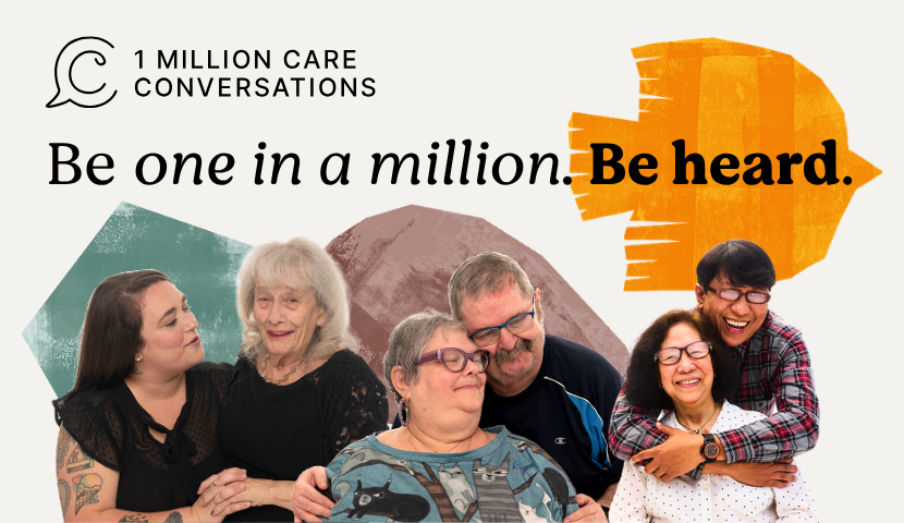 A graphic featuring silhouettes of family caregivers and care recipients over a beige background. Text is overlayed saying,