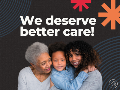 A graphic with a black background and star shaped elements overlayed. Graphic features a grandmother, a mother, and child with text above saying,