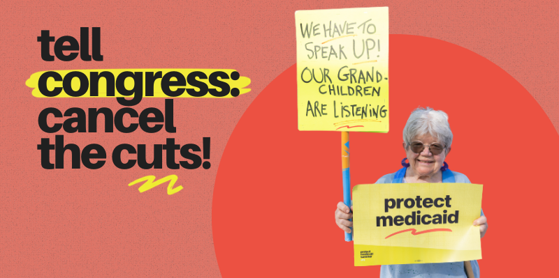 A graphic with an orange background featuring a silhouette of an aging woman holding a sign saying, 
