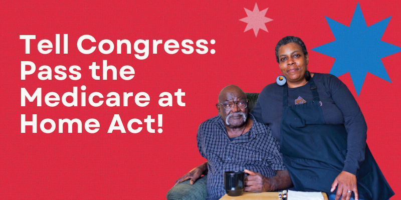 A graphic with a red background featuring silhouettes of a caregiver and her father. Text says, 
