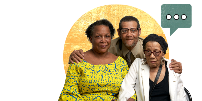 A graphic featuring three older black adults with bubble text above them and a yellow sun shape behind them.